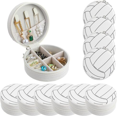 10-Pack Volleyball Jewelry Box, Round Mini Travel Jewelry Case Organizer Bulk Team Gifts for Players Coaches, White in Saudi Arabia
