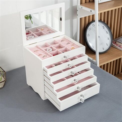 Jewelry Box Wooden Jewelry Organizer Multi-layer Drawer Finishing Box Display Box Necklace Ring Multi-grid Organizer Makeup Organizer Jewelry Organizer, 28.2*21*26.3cm, White in Kuwait