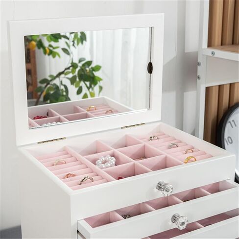 Jewelry Box Wooden Jewelry Organizer Multi-layer Drawer Finishing Box Display Box Necklace Ring Multi-grid Organizer Makeup Organizer Jewelry Organizer, 28.2*21*26.3cm, White in Kuwait