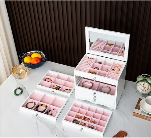 Jewelry Box Wooden Jewelry Organizer Multi-layer Drawer Finishing Box Display Box Necklace Ring Multi-grid Organizer Makeup Organizer Jewelry Organizer, 28.2*21*26.3cm, White in Kuwait
