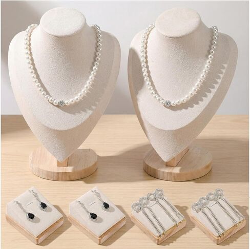 6 Pcs Jewelry Display Set for Vendors, Velvet Necklace Display Stand with Earring Organizer, Bamboo Base for Craft Shows & Home Storage (Beige) in Saudi Arabia
