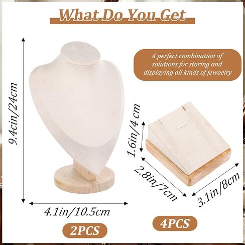6 Pcs Jewelry Display Set for Vendors, Velvet Necklace Display Stand with Earring Organizer, Bamboo Base for Craft Shows & Home Storage (Beige) in Saudi Arabia