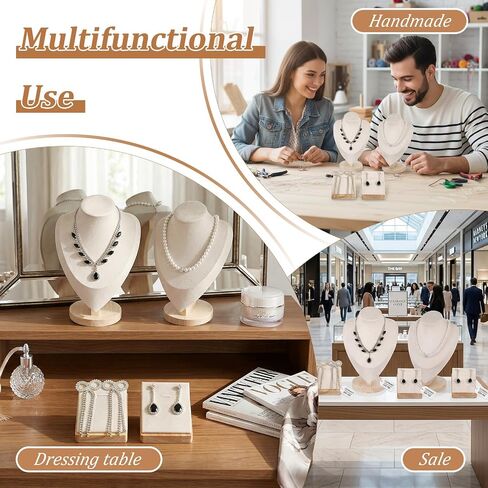 6 Pcs Jewelry Display Set for Vendors, Velvet Necklace Display Stand with Earring Organizer, Bamboo Base for Craft Shows & Home Storage (Beige) in Saudi Arabia