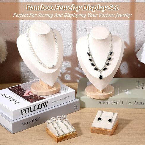 6 Pcs Jewelry Display Set for Vendors, Velvet Necklace Display Stand with Earring Organizer, Bamboo Base for Craft Shows & Home Storage (Beige) in Saudi Arabia