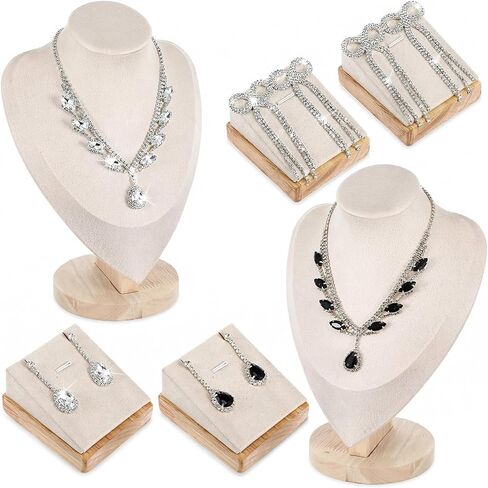 6 Pcs Jewelry Display Set for Vendors, Velvet Necklace Display Stand with Earring Organizer, Bamboo Base for Craft Shows & Home Storage (Beige) in Saudi Arabia