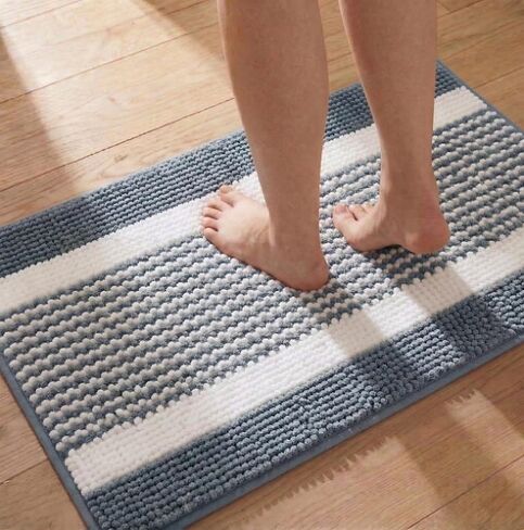 Bath Mats for Bathroom Non Slip Washable, Absorbent Quick Dry Bathroom Mat with Durable Hot Melt Adhesive Backing, Chenille Floor Mat for Tub, Shower, Sink, Small (24" x 16"), Navy&White Block Stripe in Saudi Arabia