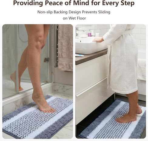 Bath Mats for Bathroom Non Slip Washable, Absorbent Quick Dry Bathroom Mat with Durable Hot Melt Adhesive Backing, Chenille Floor Mat for Tub, Shower, Sink, Small (24" x 16"), Navy&White Block Stripe in Saudi Arabia