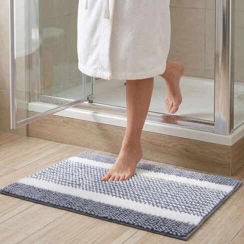 Bath Mats for Bathroom Non Slip Washable, Absorbent Quick Dry Bathroom Mat with Durable Hot Melt Adhesive Backing, Chenille Floor Mat for Tub, Shower, Sink, Small (24" x 16"), Navy&White Block Stripe in Saudi Arabia
