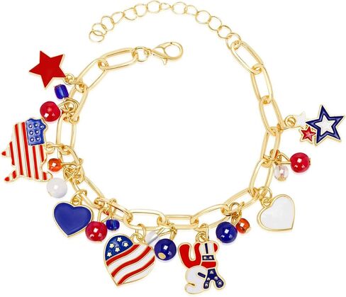 pVq 4th of July Bracelet for Women Patriotic Charm Bracelet with USA Flag Heart Star Pendants Red White Blue Jewelry America 250 Accessories Independence Day Outfit Gifts in Saudi Arabia