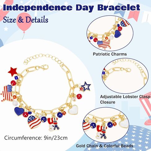 pVq 4th of July Bracelet for Women Patriotic Charm Bracelet with USA Flag Heart Star Pendants Red White Blue Jewelry America 250 Accessories Independence Day Outfit Gifts in Saudi Arabia