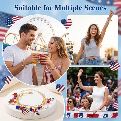 pVq 4th of July Bracelet for Women Patriotic Charm Bracelet with USA Flag Heart Star Pendants Red White Blue Jewelry America 250 Accessories Independence Day Outfit Gifts in Saudi Arabia