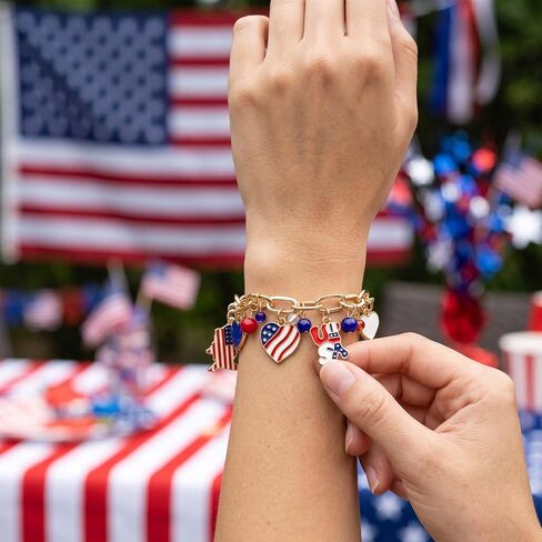 pVq 4th of July Bracelet for Women Patriotic Charm Bracelet with USA Flag Heart Star Pendants Red White Blue Jewelry America 250 Accessories Independence Day Outfit Gifts in Saudi Arabia