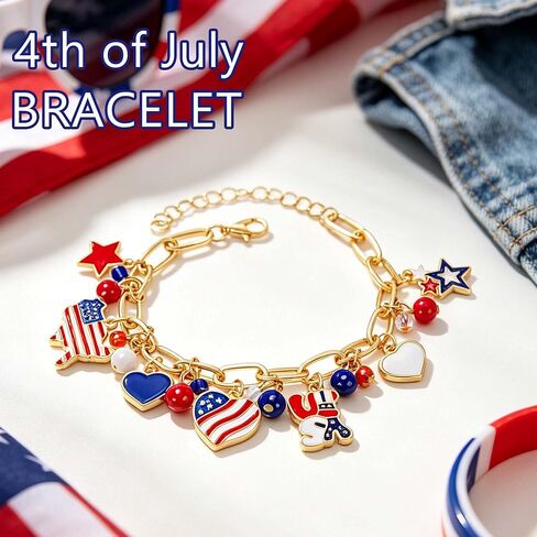 pVq 4th of July Bracelet for Women Patriotic Charm Bracelet with USA Flag Heart Star Pendants Red White Blue Jewelry America 250 Accessories Independence Day Outfit Gifts in Saudi Arabia