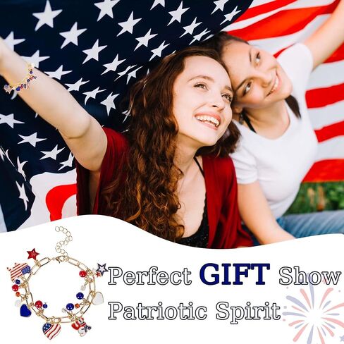 pVq 4th of July Bracelet for Women Patriotic Charm Bracelet with USA Flag Heart Star Pendants Red White Blue Jewelry America 250 Accessories Independence Day Outfit Gifts in Saudi Arabia