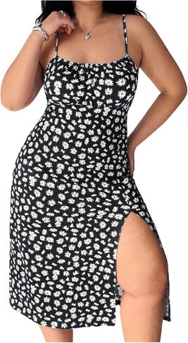 Women's Plus Size Boho Floral Cami Dress Thigh Slit Midi Dresses Vacation Outfits in Kuwait