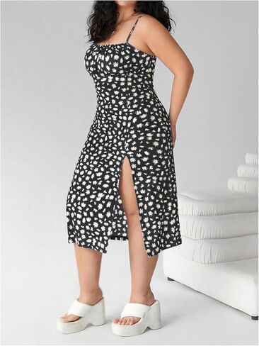 Women's Plus Size Boho Floral Cami Dress Thigh Slit Midi Dresses Vacation Outfits in Kuwait