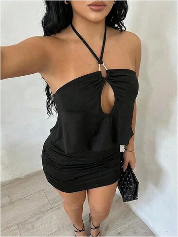 Floerns Women's Y2k Cut Out Halter Dress Sleeveless Ruched Bodycon Going Out Mini Dresses in Kuwait