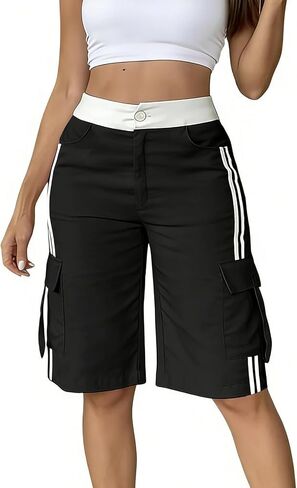 Women's High Waist Cargo Shorts Side Striped Bermuda Shorts 2026 Summer Knee Length Casual Pants with Pockets in Kuwait