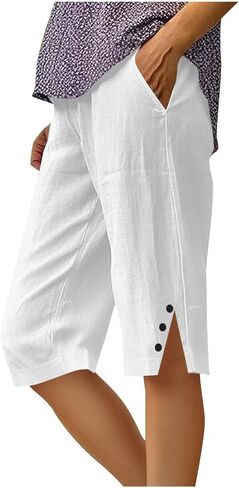 Linen Capri Pants for Women Petite Capris Linen Bermuda Shorts Knee Length Drawstring Shorts Summer Beach Outfits in Kuwait