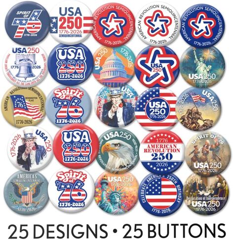 BUTTON DELI Buttons 25pcs, United States of America Semiquincentennial 1776 2026 - Bulk Novelty Pins - Assorted Designs 780 in Saudi Arabia