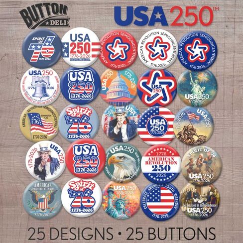 BUTTON DELI Buttons 25pcs, United States of America Semiquincentennial 1776 2026 - Bulk Novelty Pins - Assorted Designs 780 in Saudi Arabia