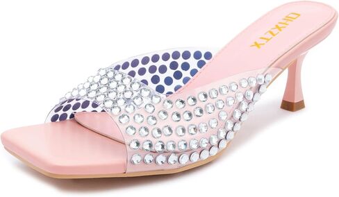 Clear Rhinestone Kitten Heel Mules for Women Open Square Toe Slip On Sandals for Wedding Prom Bachelorette Bridal Shower Dressy Party in Saudi Arabia