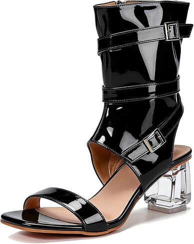 Women'S Patent Leather Chunky Heel Boot Sandals Elegant Square Toe Belt Buckle Transparent Heel Side Zipper Bootie Sandals Fashion Prom Party Heeled Sandals in Saudi Arabia