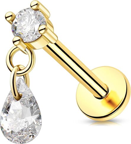 Melighting 14K Solid Gold Dangle Helix Earring Titanium Threadless Push In Earring 16G Gold Flat Back Earring 6/8 mm Cartilage Earring Conch Piercing Jewelry in Saudi Arabia