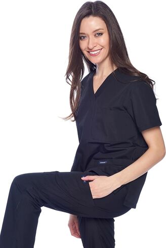 Dagacci Medical Uniform® Bundle Women’s Medical Scrub Set (Black Size L) with Warm-Up Jacket – Classic V-Neck Top, Pants & Long-Sleeve Snap Jacket, 3-Piece Nursing Uniform Set in Saudi Arabia