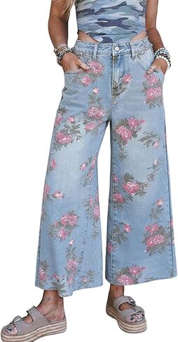 yoeasy Women's Wide Leg Jeans Baggy Boho Floral Printed Baggy Boyfriend Casual Flare Ankle Denim Pants in Kuwait