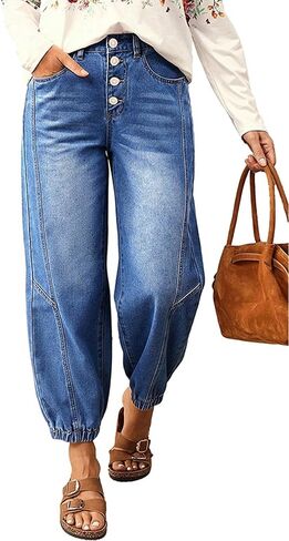 yoeasy Womens Wide Leg Baggy Barrel Jeans Elastic Waist Back Tapered Balloon Cropped Denim Pants with Pockets in Kuwait