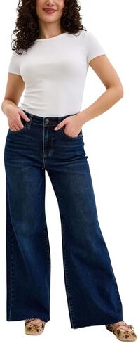 Judy Blue High Waist Dark Wash Retro Wide Leg Jeans – Adjustable Waist Tabs & Raw Hem, Petite 29" Inseam in Kuwait