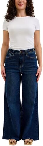 Judy Blue High Waist Dark Wash Retro Wide Leg Jeans – Adjustable Waist Tabs & Raw Hem, Petite 29" Inseam in Kuwait