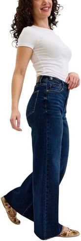 Judy Blue High Waist Dark Wash Retro Wide Leg Jeans – Adjustable Waist Tabs & Raw Hem, Petite 29" Inseam in Kuwait