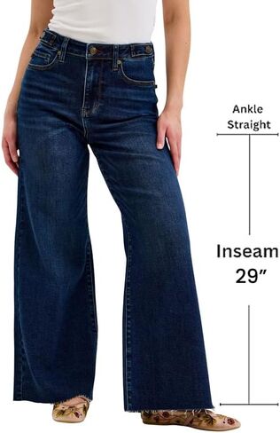 Judy Blue High Waist Dark Wash Retro Wide Leg Jeans – Adjustable Waist Tabs & Raw Hem, Petite 29" Inseam in Kuwait