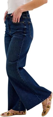 Judy Blue High Waist Dark Wash Retro Wide Leg Jeans – Adjustable Waist Tabs & Raw Hem, Petite 29" Inseam in Kuwait