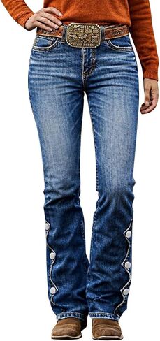 Flamingals Mid Rise Bootcut Jeans for Women Button Side Vintage Washed Denim Jeans Without Belt in Kuwait
