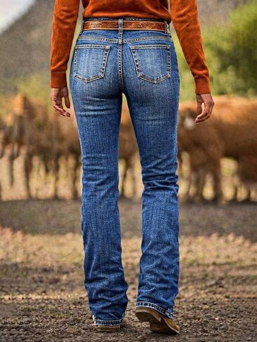Flamingals Mid Rise Bootcut Jeans for Women Button Side Vintage Washed Denim Jeans Without Belt in Kuwait