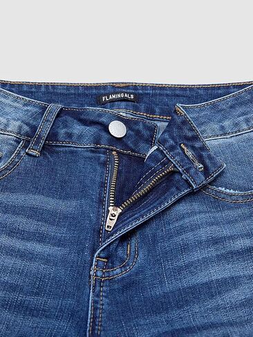 Flamingals Mid Rise Bootcut Jeans for Women Button Side Vintage Washed Denim Jeans Without Belt in Kuwait