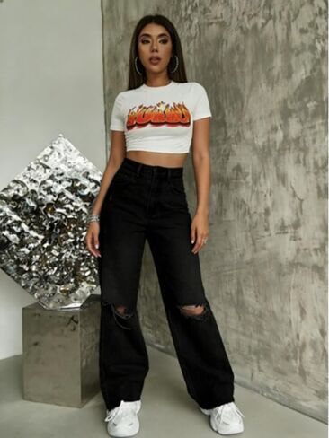 Women's Ripped Straight Leg Jeans Washed Loose Fit Denim Pants Spring and Fall Trendy Long Jeans with Knee Distressing in Kuwait