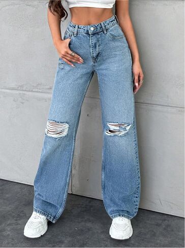 Women's Ripped Straight Leg Jeans Washed Loose Fit Denim Pants Spring and Fall Trendy Long Jeans with Knee Distressing in Kuwait