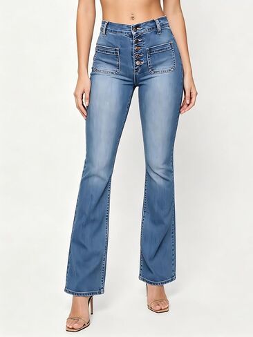 Women's High-Waisted Flare Jeans - Button-Fly Denim Pants with Patch Pockets for Casual & Retro Style in Kuwait