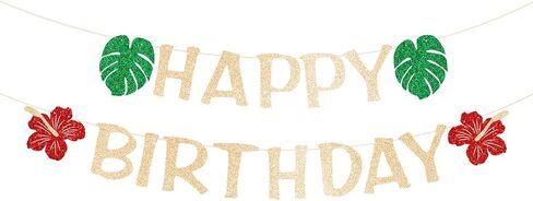 Happy Birthday Banner, Hawaiian Luau Glitter Letter Decor with Monstera Leaves, Hibiscus Flowers, Pre-strung Tropical Cardstock Sign for Hello Summer Birthday, Beach Pool Party, Tiki Luau Celebration NO DIY in Saudi Arabia
