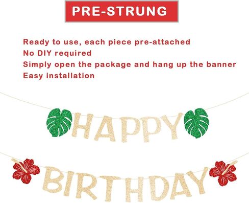 Happy Birthday Banner, Hawaiian Luau Glitter Letter Decor with Monstera Leaves, Hibiscus Flowers, Pre-strung Tropical Cardstock Sign for Hello Summer Birthday, Beach Pool Party, Tiki Luau Celebration NO DIY in Saudi Arabia