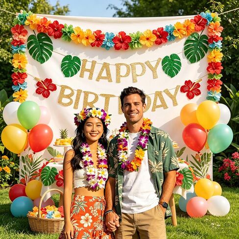 Happy Birthday Banner, Hawaiian Luau Glitter Letter Decor with Monstera Leaves, Hibiscus Flowers, Pre-strung Tropical Cardstock Sign for Hello Summer Birthday, Beach Pool Party, Tiki Luau Celebration NO DIY in Saudi Arabia