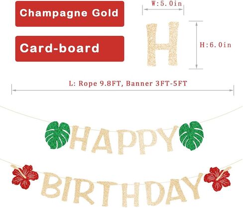 Happy Birthday Banner, Hawaiian Luau Glitter Letter Decor with Monstera Leaves, Hibiscus Flowers, Pre-strung Tropical Cardstock Sign for Hello Summer Birthday, Beach Pool Party, Tiki Luau Celebration NO DIY in Saudi Arabia