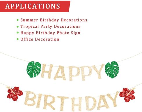 Happy Birthday Banner, Hawaiian Luau Glitter Letter Decor with Monstera Leaves, Hibiscus Flowers, Pre-strung Tropical Cardstock Sign for Hello Summer Birthday, Beach Pool Party, Tiki Luau Celebration NO DIY in Saudi Arabia