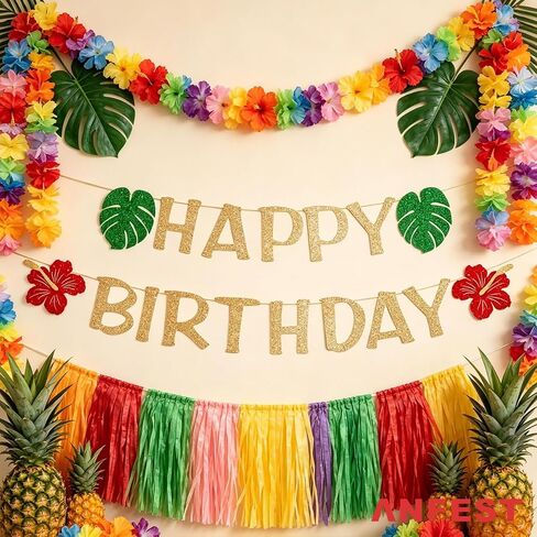Happy Birthday Banner, Hawaiian Luau Glitter Letter Decor with Monstera Leaves, Hibiscus Flowers, Pre-strung Tropical Cardstock Sign for Hello Summer Birthday, Beach Pool Party, Tiki Luau Celebration NO DIY in Saudi Arabia