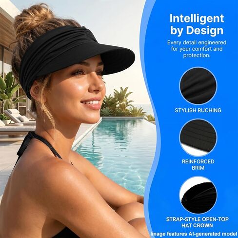 Women's UPF 50+ UV Protection Sun Visor Hat, Wide Brim Lightweight Women Sun Hat, Foldable Ponytail Hole Cap for Beach Hiking in Kuwait