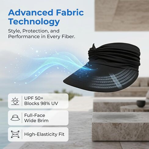 Women's UPF 50+ UV Protection Sun Visor Hat, Wide Brim Lightweight Women Sun Hat, Foldable Ponytail Hole Cap for Beach Hiking in Kuwait